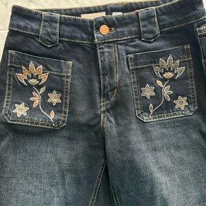 Pilcro and the Letterpress Blue Boot Cut Jeans with Floral Embroidery
